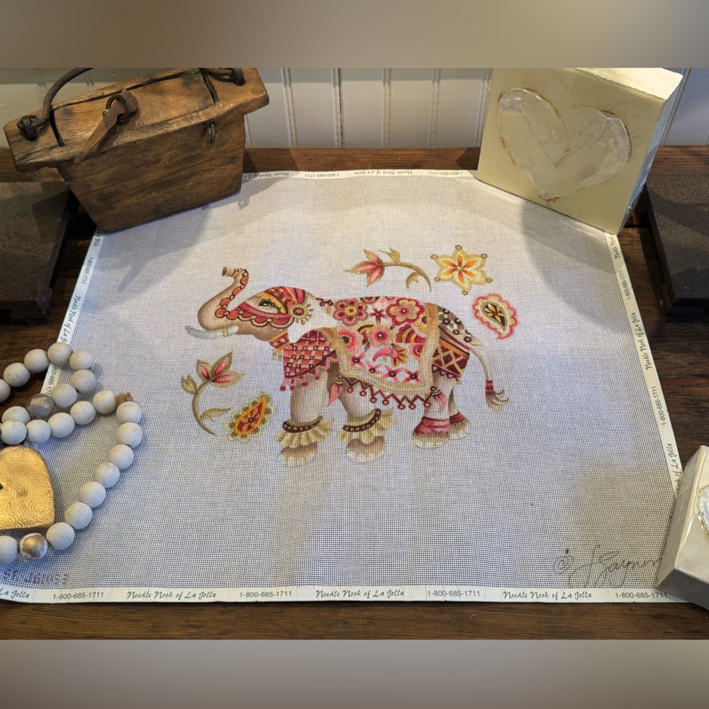 Pink Arabian/Indian Inspired Elephant Needlepoint Pillow Canvas 18 mesh